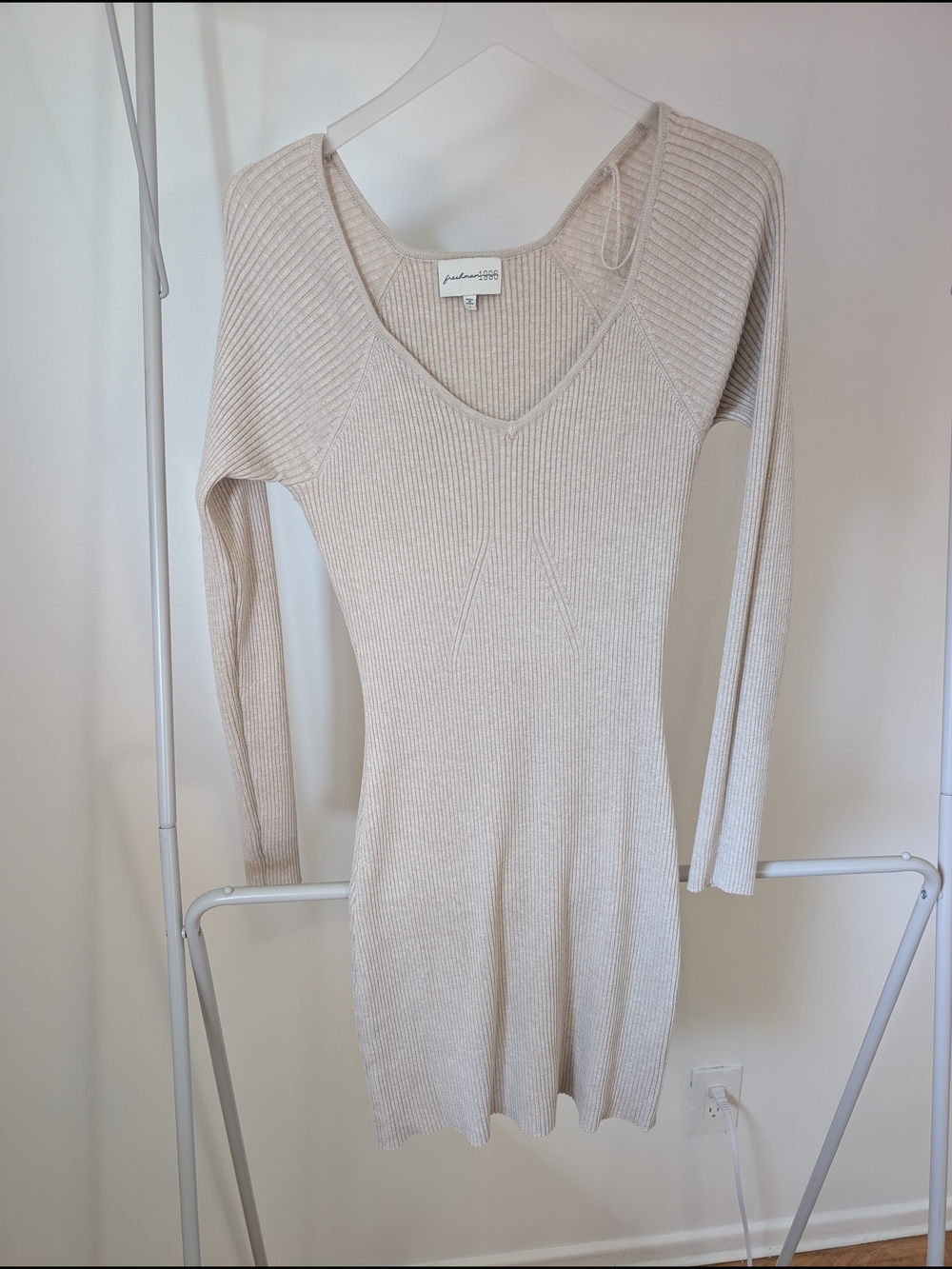 Ribbed V-Neck Sweater Dress in Cream